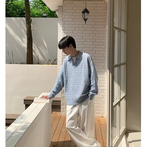 原宿简约新款文艺慵懒时尚日系翻领针织毛衣男潮流百搭气质MY053图片