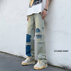 B221美式ins高街暗黑小众撞色破洞直筒牛仔裤LK23109-P65控88，男装牛仔裤，电商B221