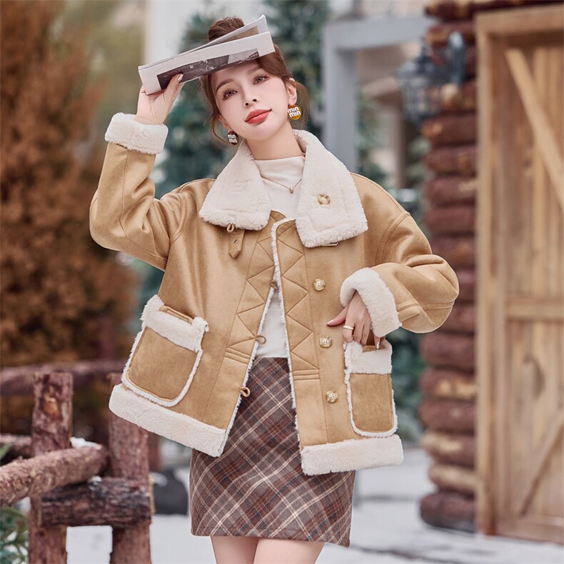 时尚百搭皮毛一体外套女冬季保暖显瘦短款仿羊羔毛大衣,女装毛呢外套,微微衣阁