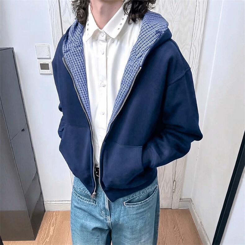 抖音得物高品质二开26春季美式潮牌两面穿连帽卫衣开衫男女外套,女装短外套,电商A486