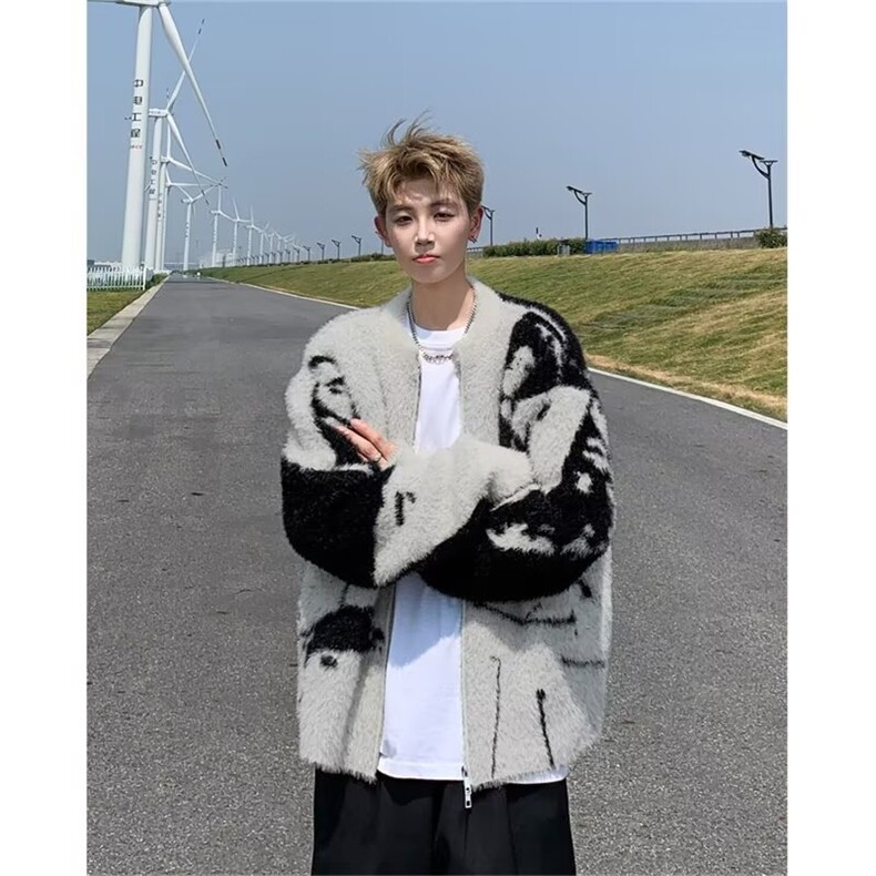 潮牌高颜智慵懒宽松仿貂毛提花针织时尚百搭毛衣开衫,男装针织衫/毛衣,星座716-4