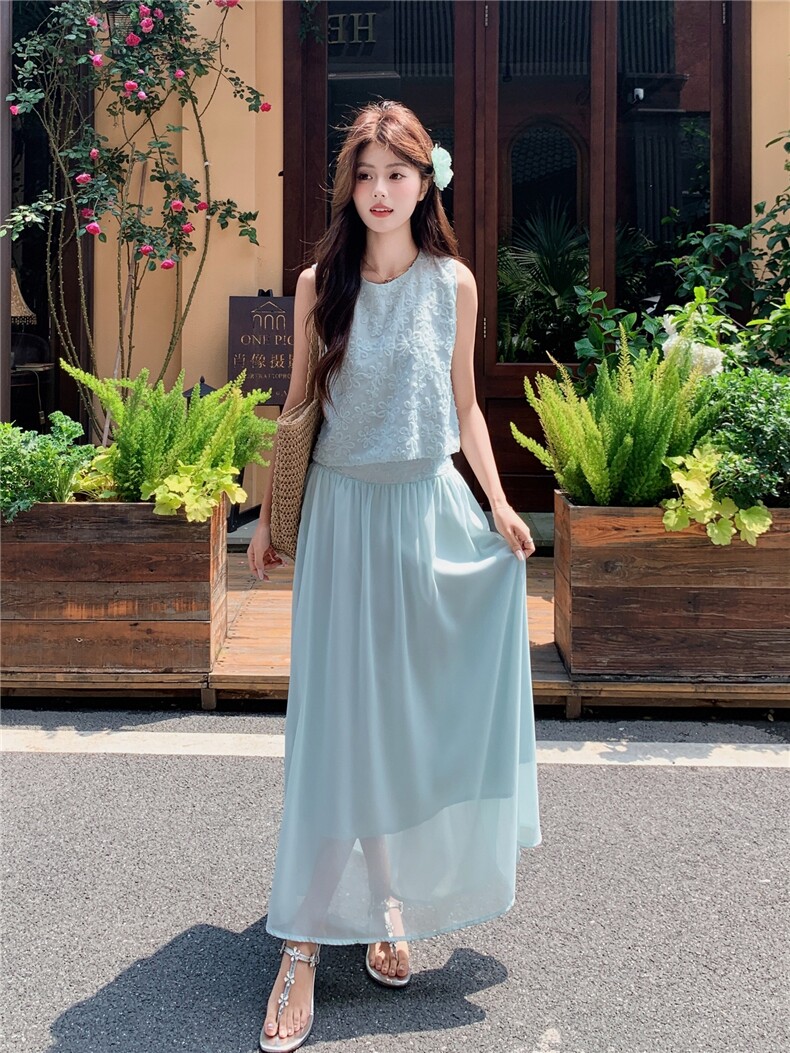 度假风刺绣无袖上衣半身裙套装女2026年夏季新款高级感显瘦两件套,女装套装/套裙,艾米莉亚