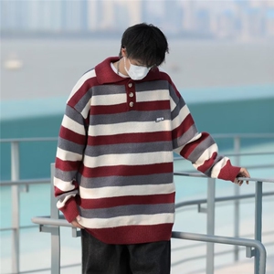 条纹撞色毛衣男秋冬新款毛绒针织衫高级感宽松潮牌外套 M1654-P52图片