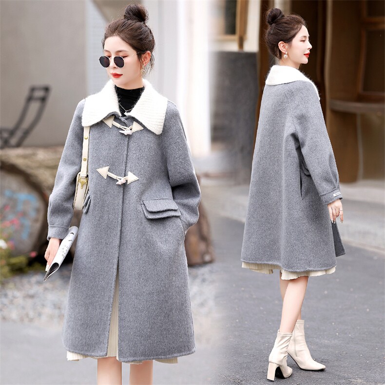 2023秋冬新款丹棱牛角扣纯色双面羊毛外套中长款呢大衣，女装双面呢大衣，半夏
