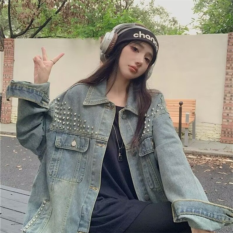JK29-P72美式高街头水洗破洞牛仔外套女春秋季设计感小众宽松,男装工装外套,电商B323A