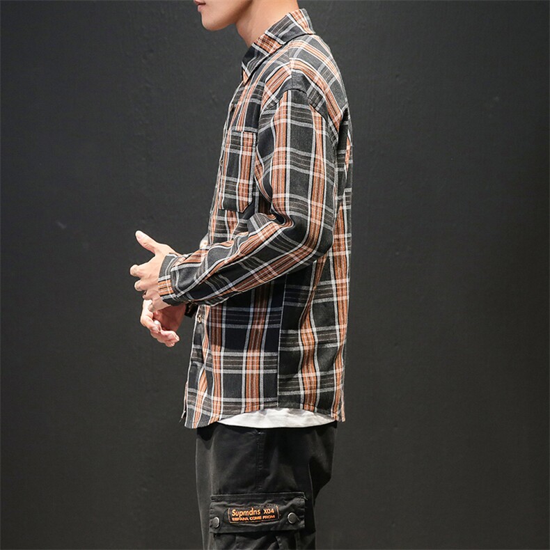 2021春季新日系马切达大码翻领格子宽松纽扣衬衫男C501-P45,男装衬衫,电商A001