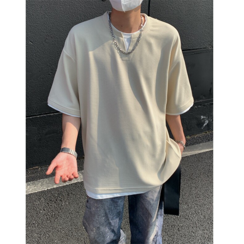 2026夏大码假两件华夫格五分短袖T恤潮流宽松T6601/特P25杏色,男装T恤,电商A094