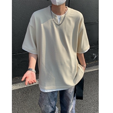 2026夏大码假两件华夫格五分短袖T恤潮流宽松T6601/特P25杏色，男装T恤，电商A094