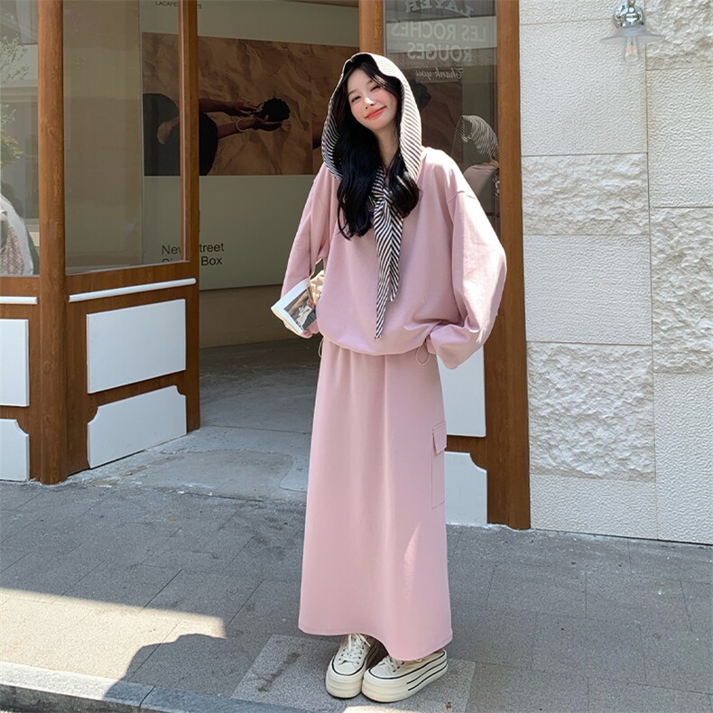 休闲减龄穿搭粉色卫衣套装女春秋2025超火好看高级感半身裙两件套,女装套装/套裙,2C007