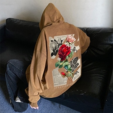 水洗连帽大码卫衣美式复古玫瑰印花JK23393特批53-控88，男装卫衣，星座605(原A050)