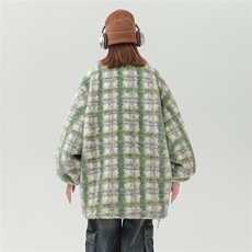 学院风美式秋冬复古格子条纹宽松羊羔毛棉衣外套Y21P138现货，男装棉衣，星座201-2