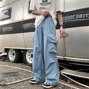 美式复古直筒伞兵工装裤潮牌男女秋季新款宽松蓝色阔腿裤灯笼裤潮图片