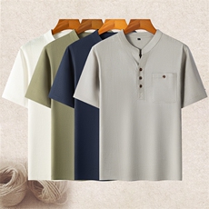 风亚麻套装男大码V领唐装中老年棉麻套装T恤爸爸夏装短袖，男装T恤，钱塘723