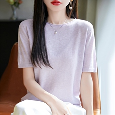 2025年夏季纺醋酸莱赛尔卷边圆领短袖女，女装T恤，美杜莎羊绒