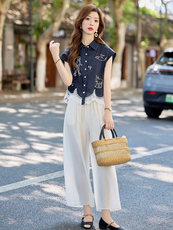 时尚休闲气质套装女2025夏新款撞色刺绣无袖翻领衬衫阔腿裤两件套，女装套装/套裙，木橙西子