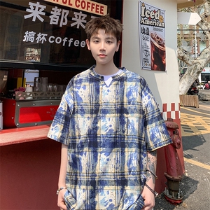 2026夏装美式扎染印花冰丝冰凉格子男五分袖T恤 T5508/特P18 蓝图片
