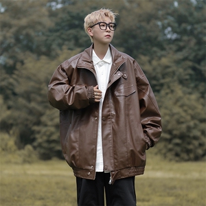美式高街潮牌机车服夹克春秋季宽松立领pu皮衣外套男 W7895-P66图片