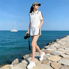 高品质运动休闲套装女夏新款纯色撞色拼接翻领短袖上衣短裤两件套，女装套装/套裙，江南