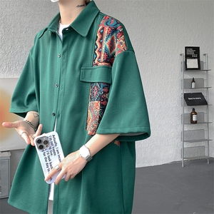 8XL-M民族风拼接短袖衬衫男夏季痞帅半袖衬衣薄款外套DC28009P45图片