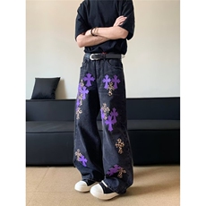 春秋十字架撞色拼皮牛仔裤男女生高腰显瘦复古高级感直筒休闲裤潮，男装牛仔裤，星座302B-2