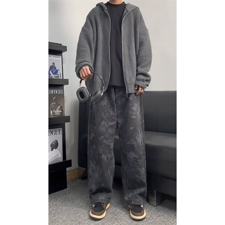抖音品质美式高街oversize设计感蛇纹迷彩水洗弯刀裤,男装牛仔裤,星座310A-4