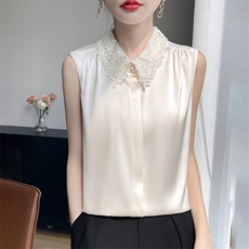 夏季醋酸真丝背心开衫女POLO领蕾丝花边醋酸上衣宽松无袖内搭打底，女装背心吊带，羊特美羊绒