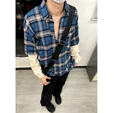 美式复古假两件拼接格子衬衫男春秋款潮牌设计感小众衬衣高街外套，男装衬衫，星座813-2