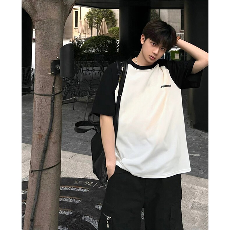 抖音得物高品质二开240克宽松纯棉美式潮牌插肩袖拼接短袖T恤，男装T恤，电商A486-1