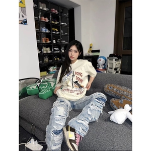 2026美式高街大破洞牛仔裤男女阔腿直筒裤乞丐裤子K70456-P45网图图片