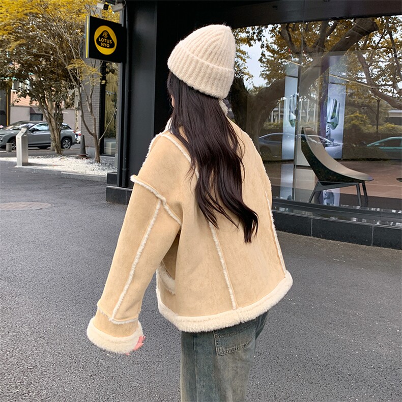 皮毛一体羊羔毛外套女冬季保暖麂皮短款上衣99037款P195K278,女装短外套,2C316