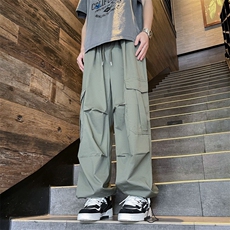 港风夏款男工装裤大口袋复合褶皱宽松抽绳长裤h0009P40，男装工装外套，星座1013-1