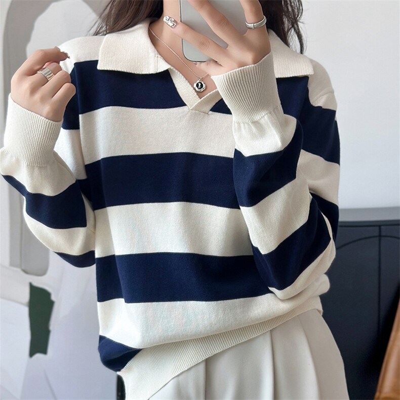 2025秋冬新款翻领条纹拼色精仿纯棉女复古慵懒风别致设计长袖衫，女装针织衫/毛衣，洁纯羊绒