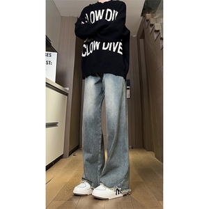 现货 直筒渐变休闲裤女宽松复古蓝毛边牛仔裤男 K5825-P55 控78图片