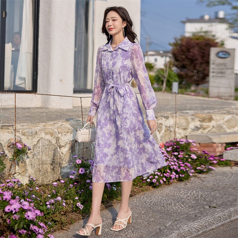 紫色碎花衬衫连衣裙女新款法式独特气质收腰裙子,女装连衣裙,韩蔻秀