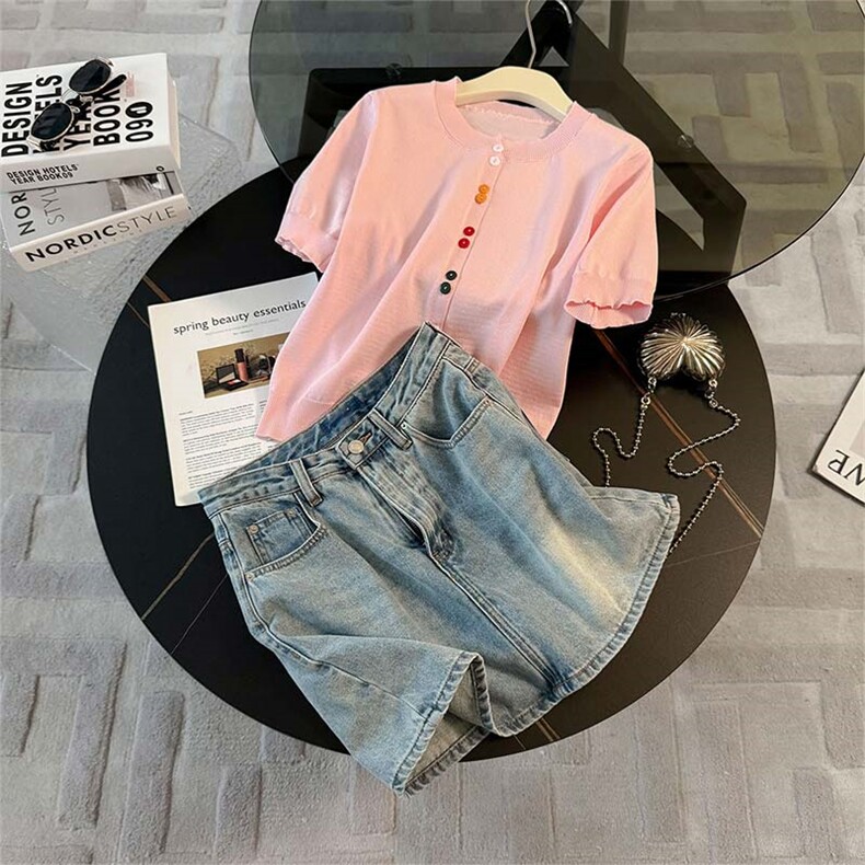 韩系温柔风时尚运动休闲套装女夏圆领彩色纽扣上衣牛仔短裙两件套，女装套装/套裙，江南