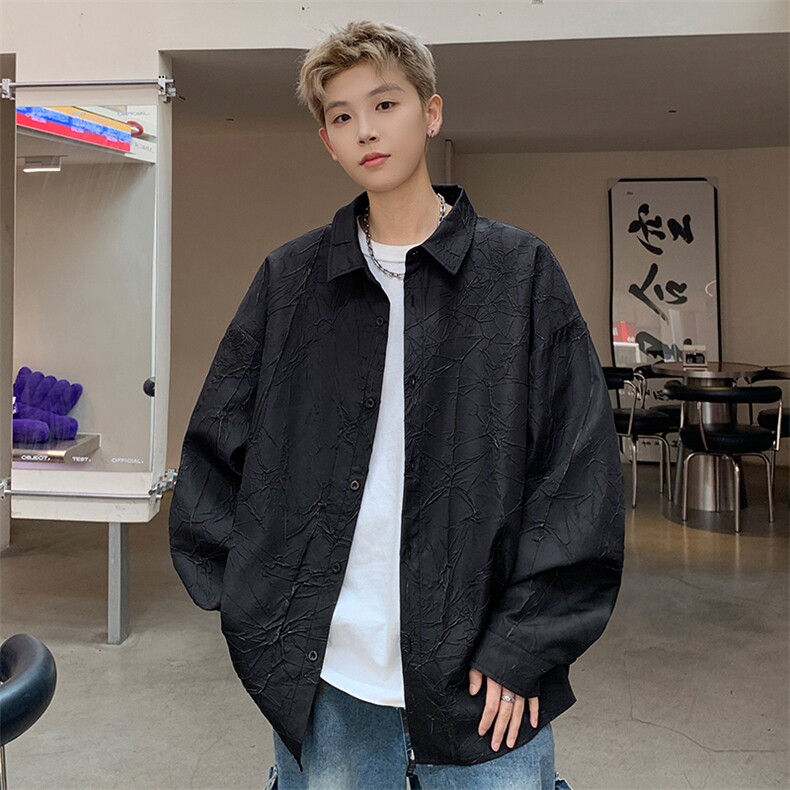 白色压褶裂纹长袖衬衫男秋季小众高级感肌理衬衣宽松大码痞帅外套,男装衬衫,电商A001-1