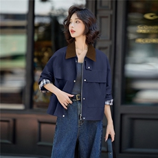 时尚拼色翻领短外套女2025秋季新款格纹拼接宽松休闲百搭夹克上衣，女装短外套，唯婧