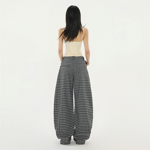 黑白格子阔腿裤女春秋季美式工装休闲宽松柳叶弯刀裤子YD6611-P80图片