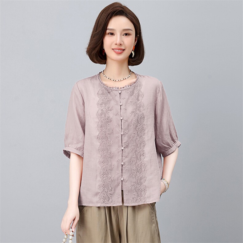 纯苎麻衬衫女夏薄款2025文艺刺绣妈妈款上衣,女装衬衫,忆绮罗