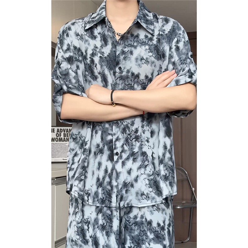 短袖衬衫男+短裤男潮流休闲套装男M-5XL大码TZ78708P50控98模特图,男装休闲套装,星座226-1