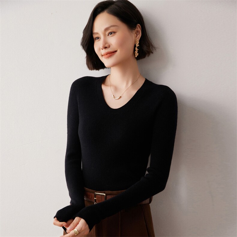 秋冬新款洋气时尚百搭显瘦女款精纺一线成衣U领35%羊绒衫,女装羊绒衫,艾巧羊绒