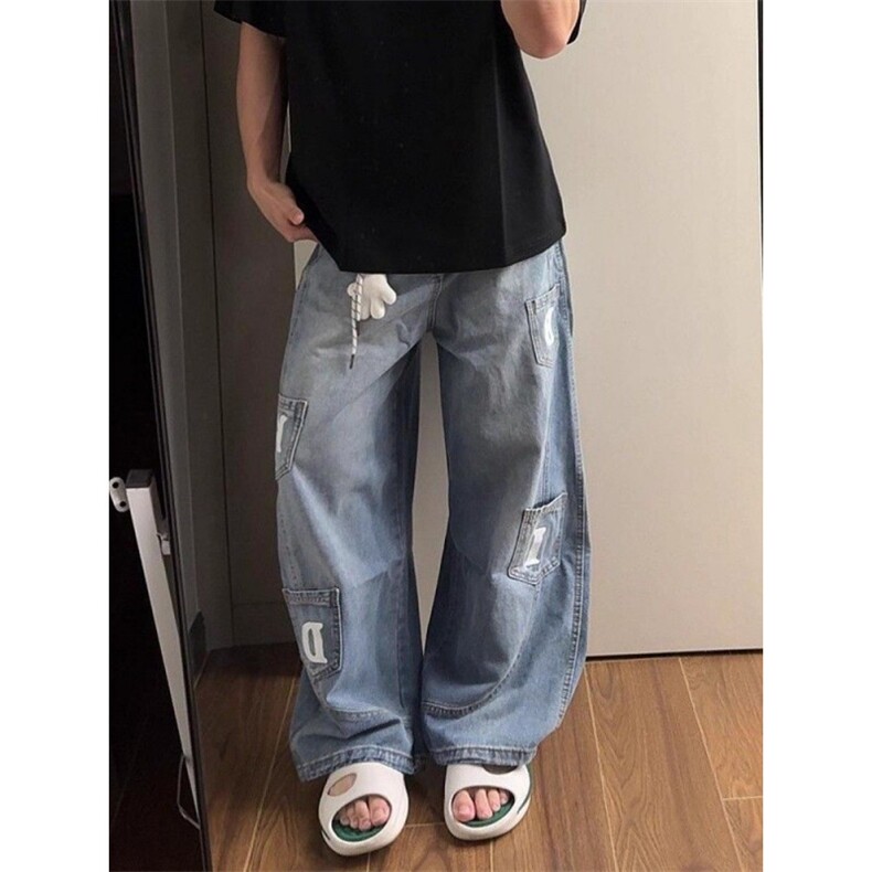 美式复古水洗多口袋弯刀牛仔裤男女街头潮牌宽松休闲阔腿拖地长裤,男装牛仔裤,四季星座505