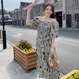 新中式玫红碎花连衣裙女夏季2024国风高级感收腰气质中长a字裙子图片