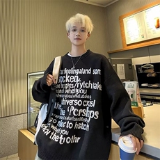 B403P48多行标语圆领毛衣男女情侣潮牌春秋季美式复古慵，男装针织衫/毛衣，星座512-6