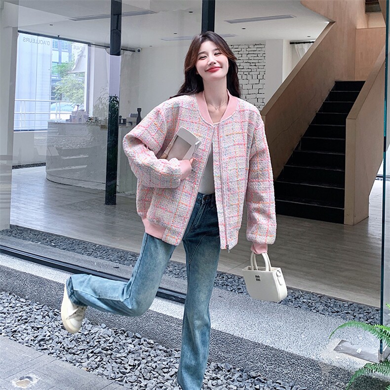 名媛小香风棒球服外套女春秋超火好看独特漂亮高级粉色短夹克上衣,女装毛呢外套,2C056