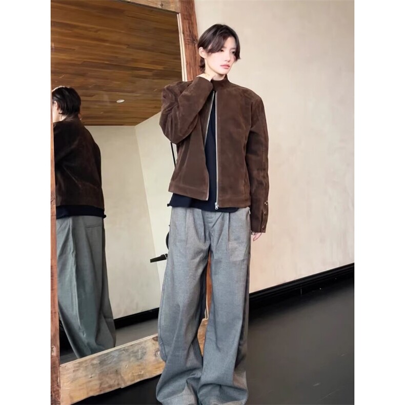 美式复古百搭新款棕色麂皮立领夹克双拉链春季短外套女HT239,男装夹克,星座516A