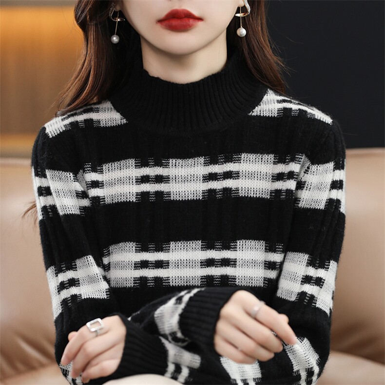 雾感朦胧美绒拼色圆领针织衫女套头毛衣宽松条纹毛衣,女装羊毛衫,暖钟情羊绒