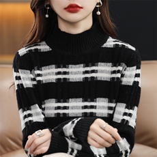 雾感朦胧美绒拼色圆领针织衫女套头毛衣宽松条纹毛衣，女装羊毛衫，暖钟情羊绒