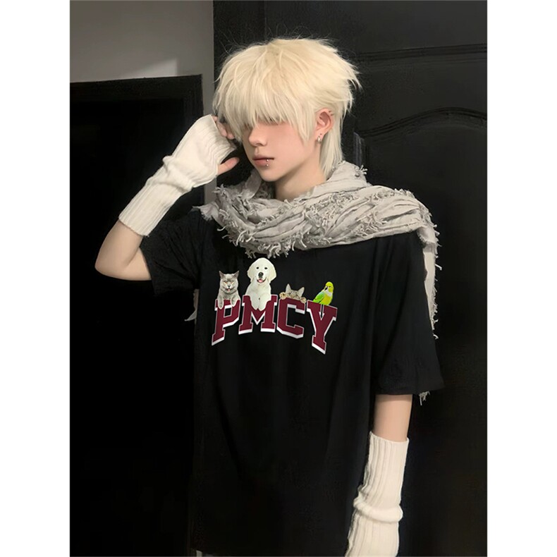 抖音得物供货210克现货宽松纯棉美式潮牌印花落肩袖纯棉T恤AT2156图片