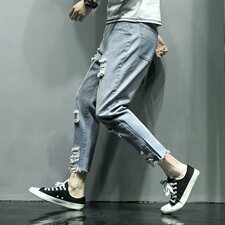 2021春季新日系灰墙潮流刮烂破洞乞丐大码牛仔九分裤男K8130-P50，男装牛仔裤，电商A001